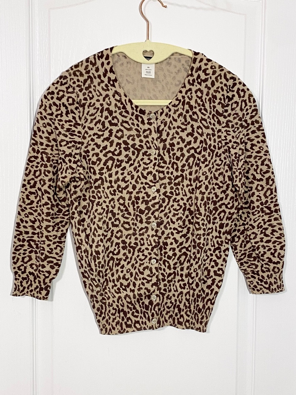 Y2K VTG J.Crew Leopard Print 3/4 Sleeve Cotton Knit Cardigan Brown Tan Size XS